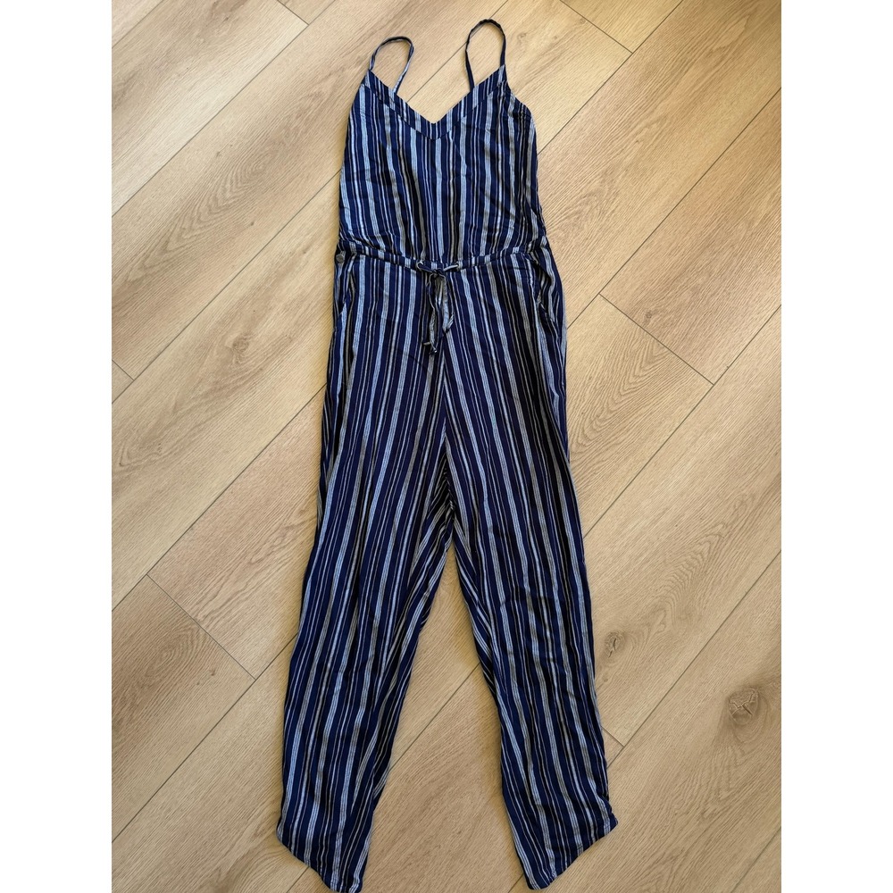 Roxy Womens Navy Blue White Striped Sleeveless V-Neck Drawstring Jumpsuit Zipper